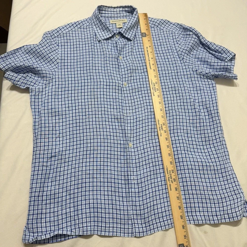 Banana Republic Linen Shirt Mens L Blue Plaid‎ Short Sleeve Summer